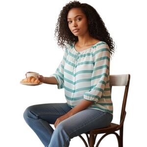 Ann Taylor loose fit vibrstbr Striped Teal Blouse.size large cinches sleeved